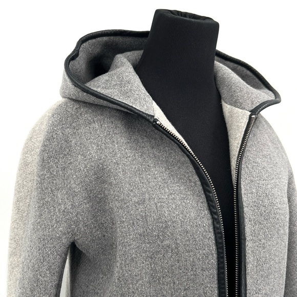 J Crew Nello Gori Stadium Cloth Hooded Coat Sz 2 Gray Colorblock Leather Trim - Picture 2 of 6
